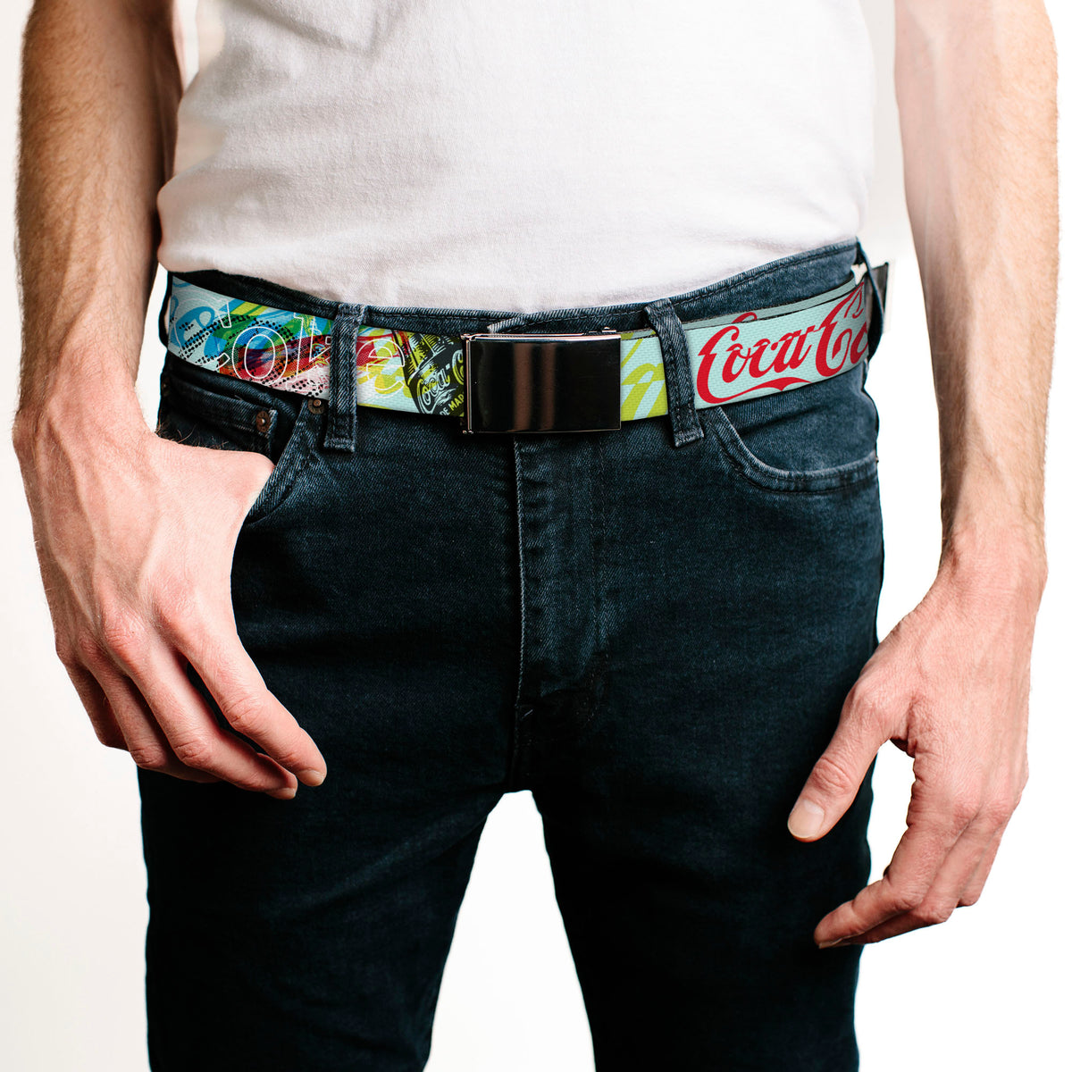 Web Belt Clamp Buckle - COCA-COLA COKE Logos and Bottle Pop Art Multi Color Webbing Web Belts Coca-Cola