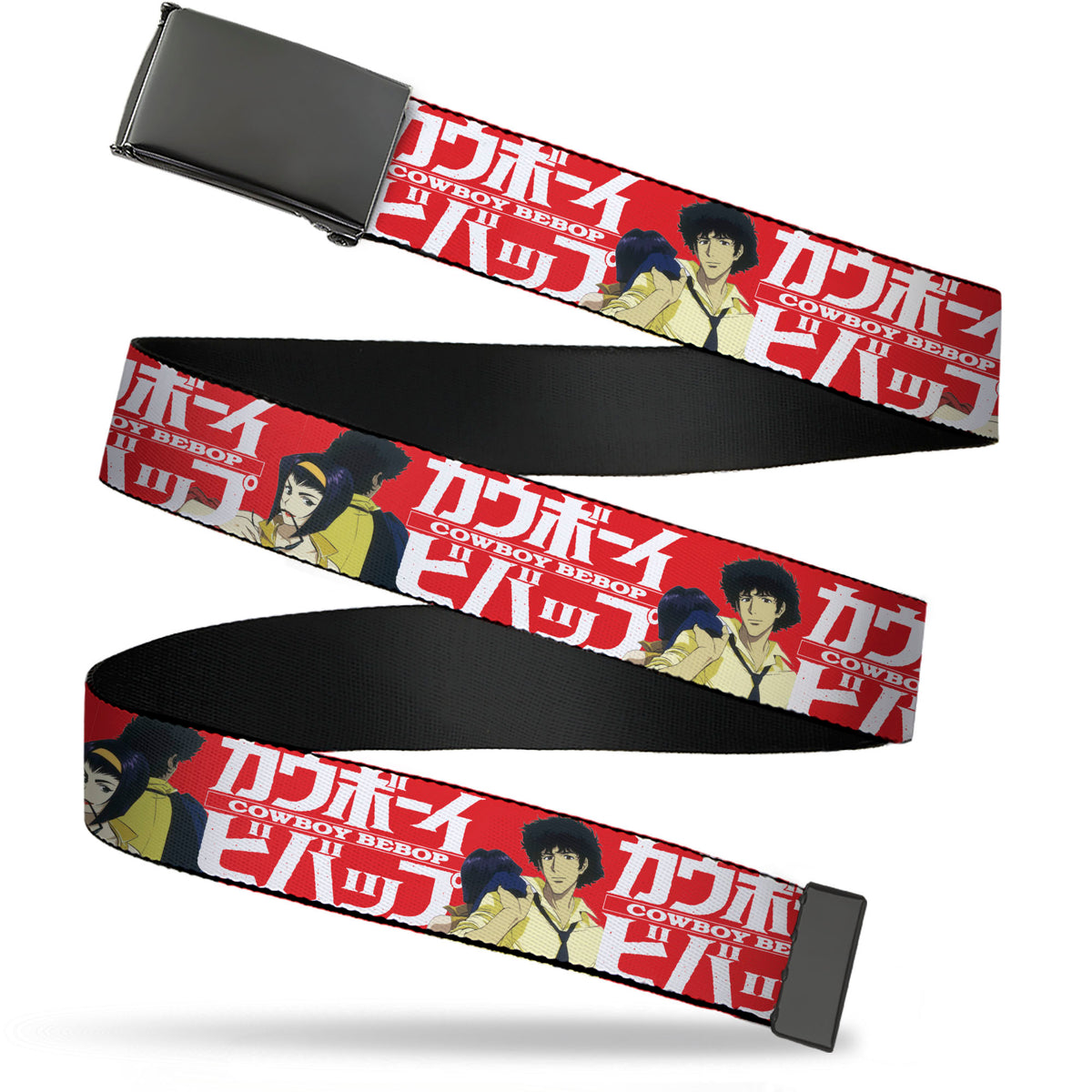 Web Belt Blank Black Buckle - COWBOY BEBOP Spike and Faye Back to Back Pose and Title Logo Red/White Webbing Web Belts Cowboy Bebop