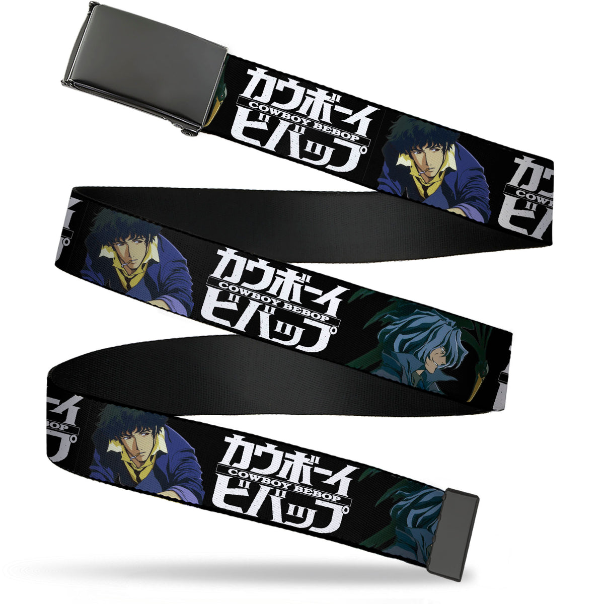 Web Belt Blank Black Buckle - COWBOY BEBOP Spike and Vicious Pose and Title Logo Black/Blues Webbing Web Belts Cowboy Bebop