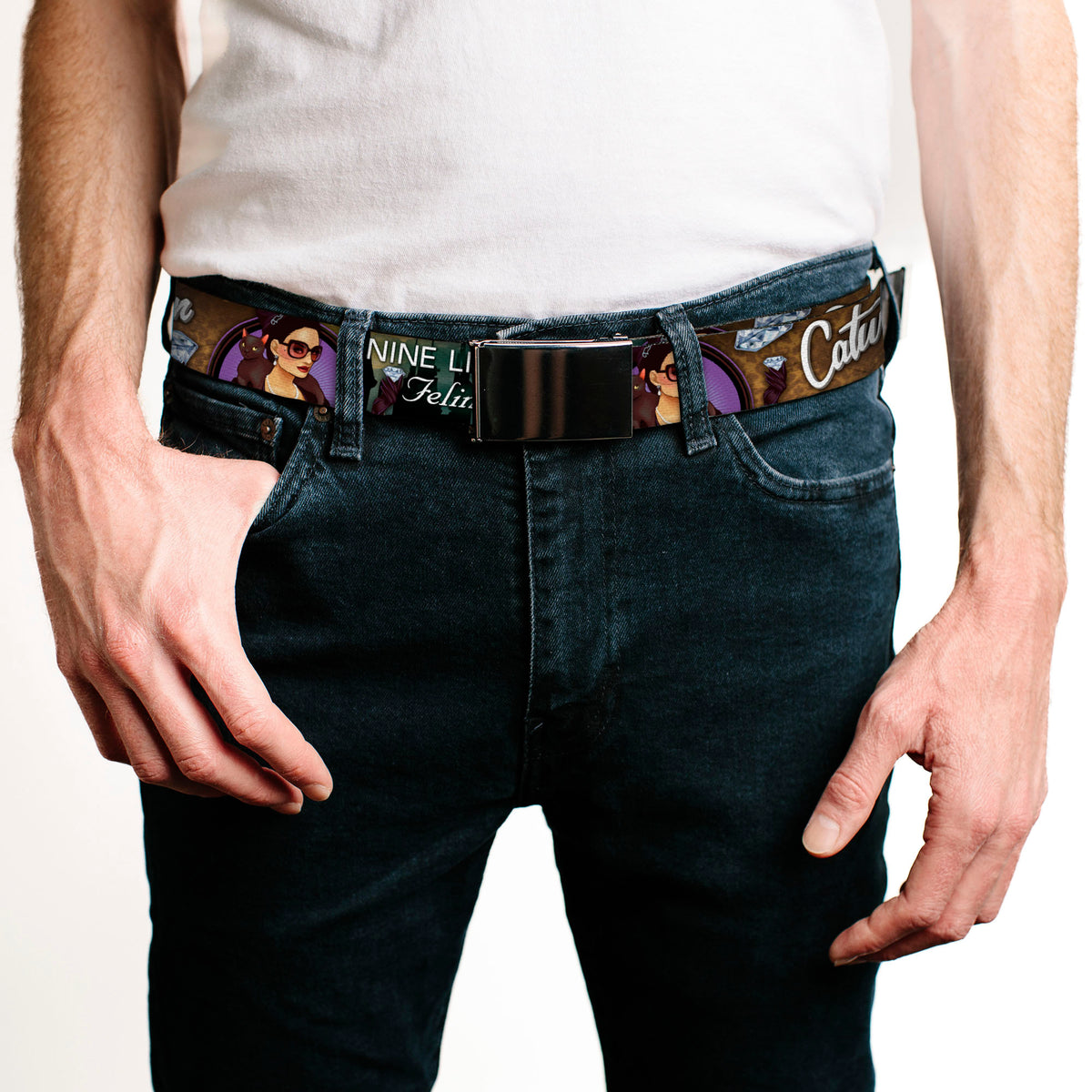 Black Buckle Web Belt - CATWOMAN-NINE LIVES OF A FELINE FATALE Bombshell Pose/Diamonds Webbing Web Belts DC Comics