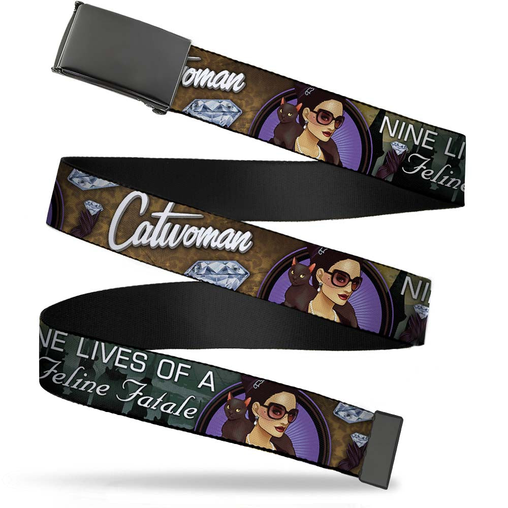 Web Belt Blank Black Buckle - CATWOMAN-NINE LIVES OF A FELINE FATALE Bombshell Pose/Diamonds Webbing Web Belts DC Comics