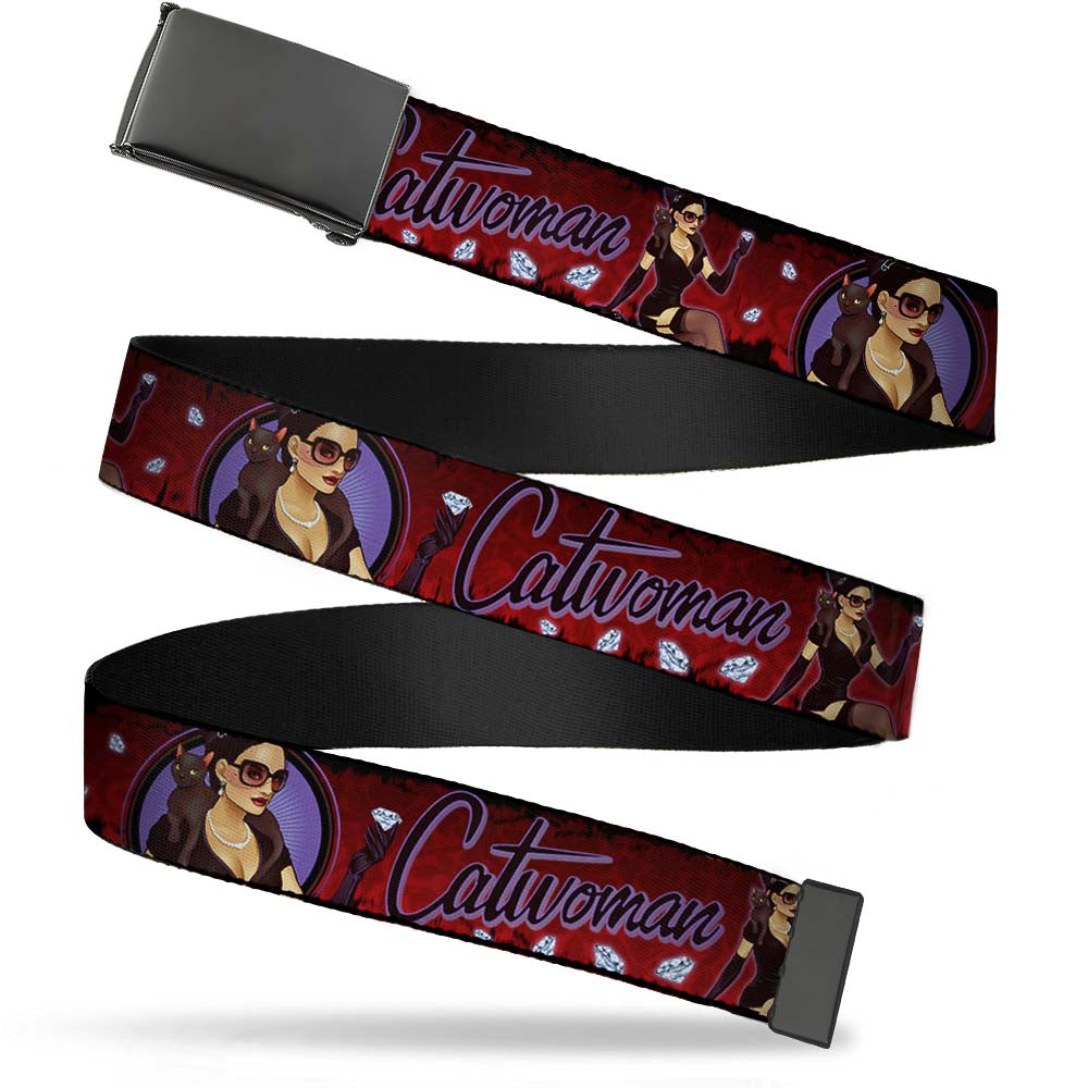 Web Belt Blank Black Buckle - CATWOMAN Bombshell Pose/Diamonds Red/Purple/Black Webbing Web Belts DC Comics
