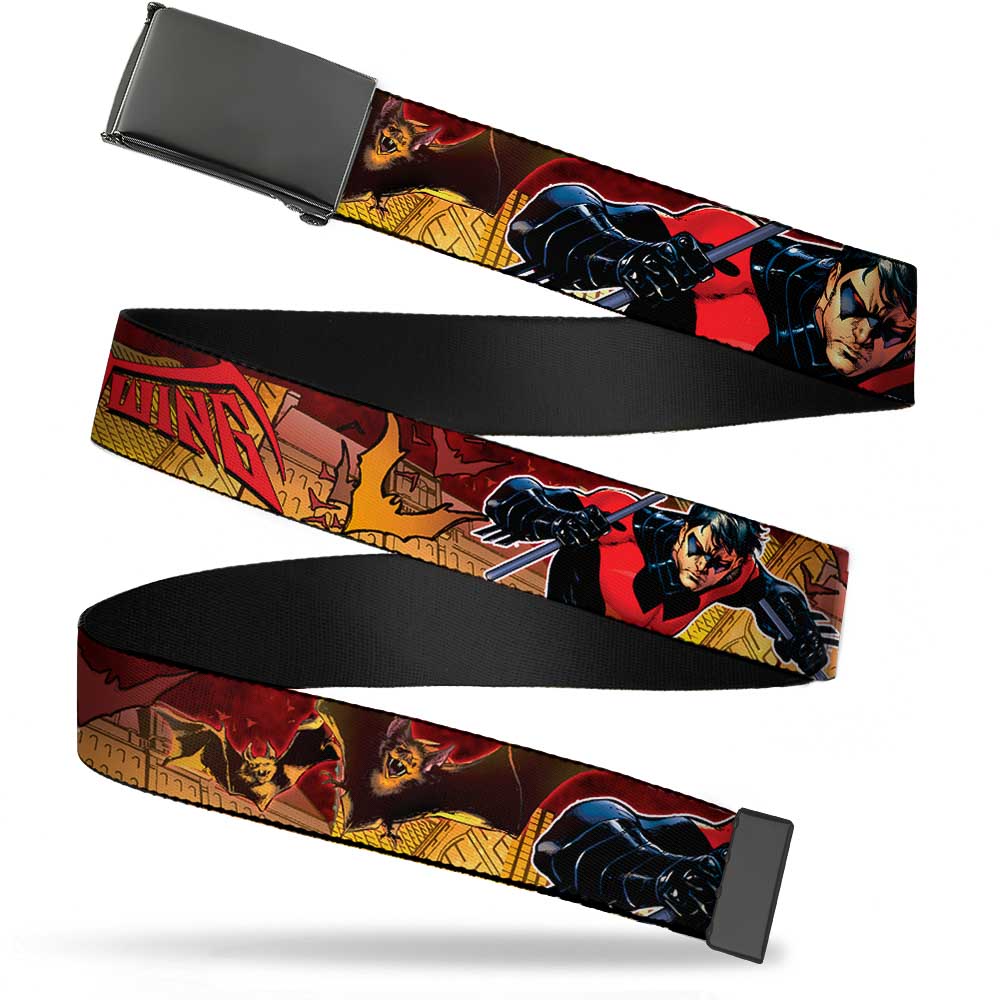 Black Buckle Web Belt - NIGHTWING Poses/Bats Welcome to Gotham Comic Book Cover Webbing Web Belts DC Comics