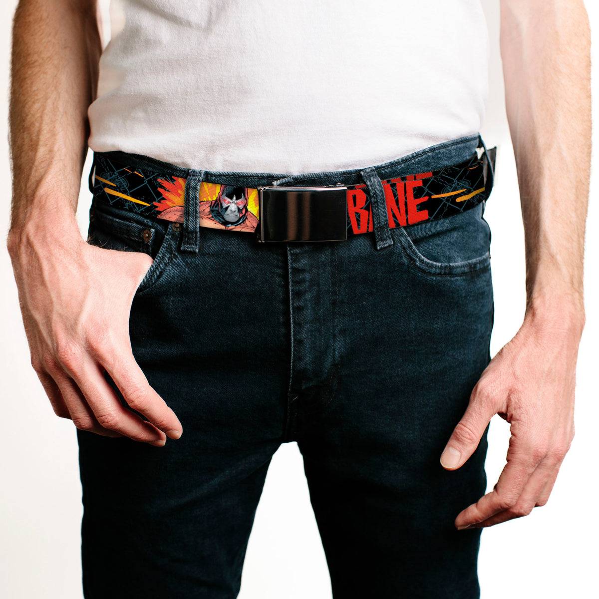 Black Buckle Web Belt - BANE Pose/Explosion Bat Signal/Chanlink Black/Gray/Reds Webbing Web Belts DC Comics