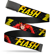 Black Buckle Web Belt - THE FLASH Running Action Pose/Lightning Bolt Halftone Dots Black/Grays/Yellows Webbing Web Belts DC Comics