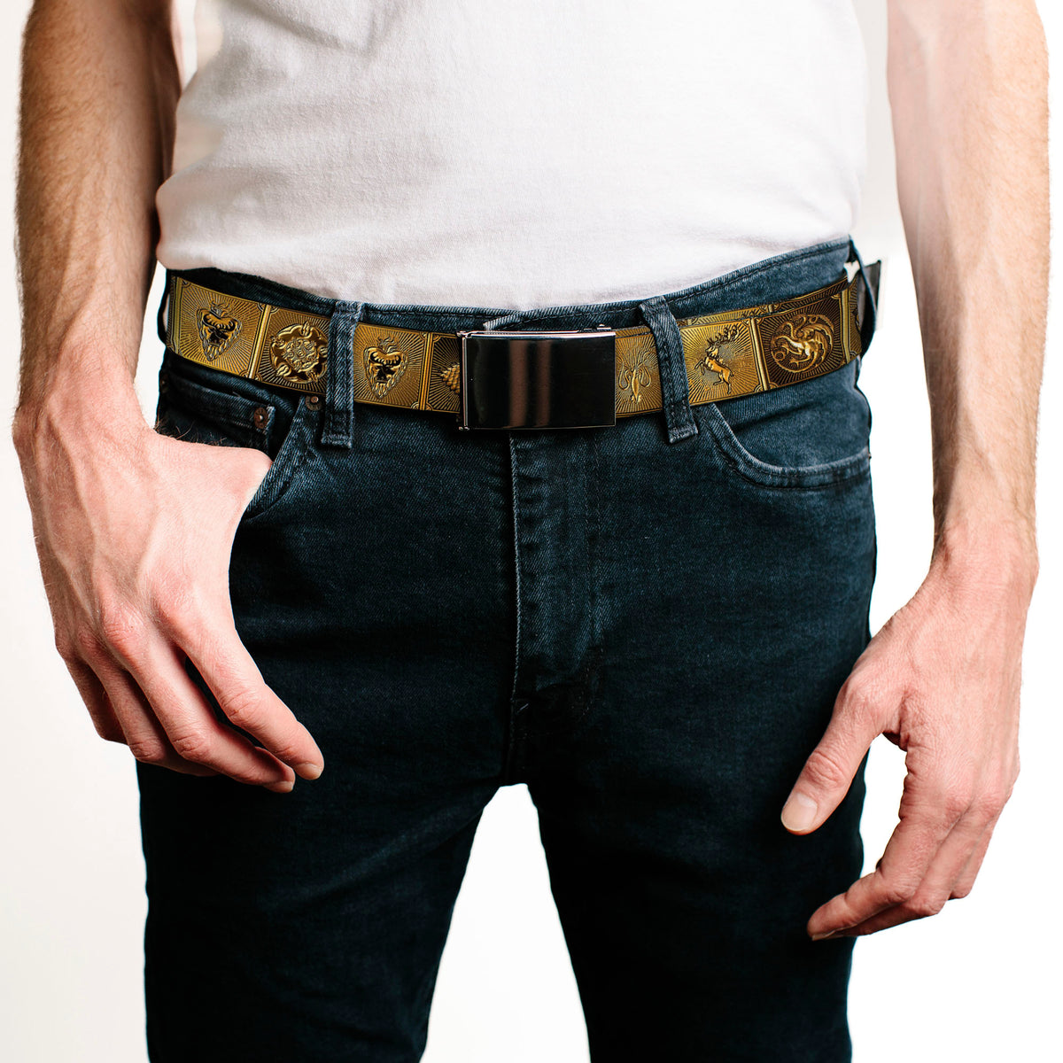 Black Buckle Web Belt - Game of Thrones House Sigil Blocks Gold Webbing Web Belts Game of Thrones
