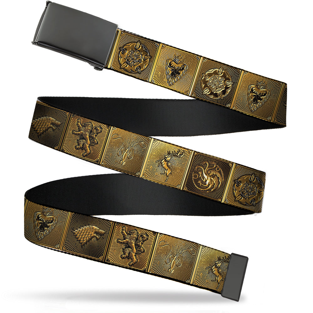 Black Buckle Web Belt - Game of Thrones House Sigil Blocks Gold Webbing Web Belts Game of Thrones