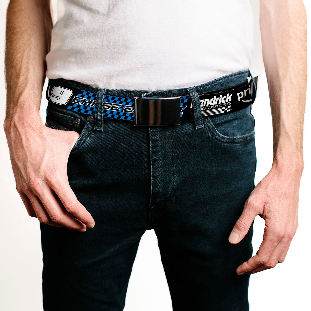 Web Belt Blank Black Buckle - CHASE ELLIOTT #9 PRIME Hendrick Motorsports Logo Black/White/Blue Webbing Web Belts Hendrick Motorsports