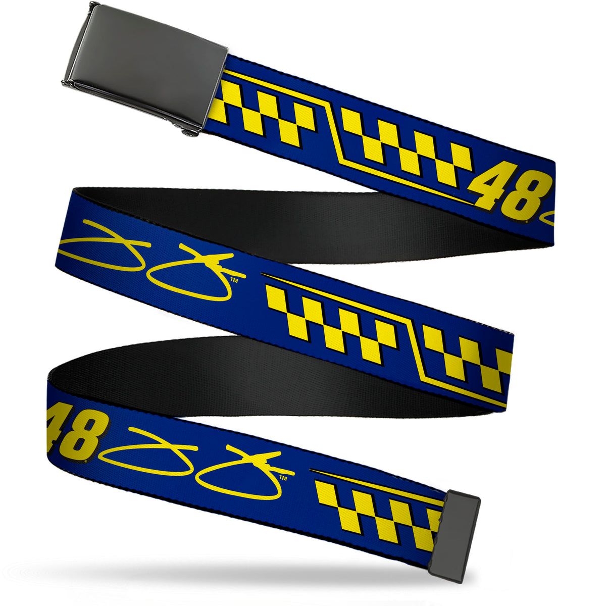 Web Belt Blank Black Buckle - Jimmie Johnson #48 Autograph Checker Blue/Yellow Webbing Web Belts Hendrick Motorsports