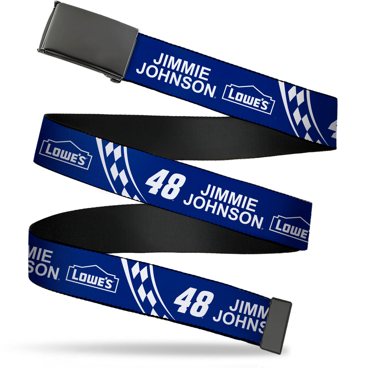 Web Belt Blank Black Buckle - JIMMIE JOHNSON #48 LOWE'S Logo Checker Blue/White Webbing Web Belts Hendrick Motorsports