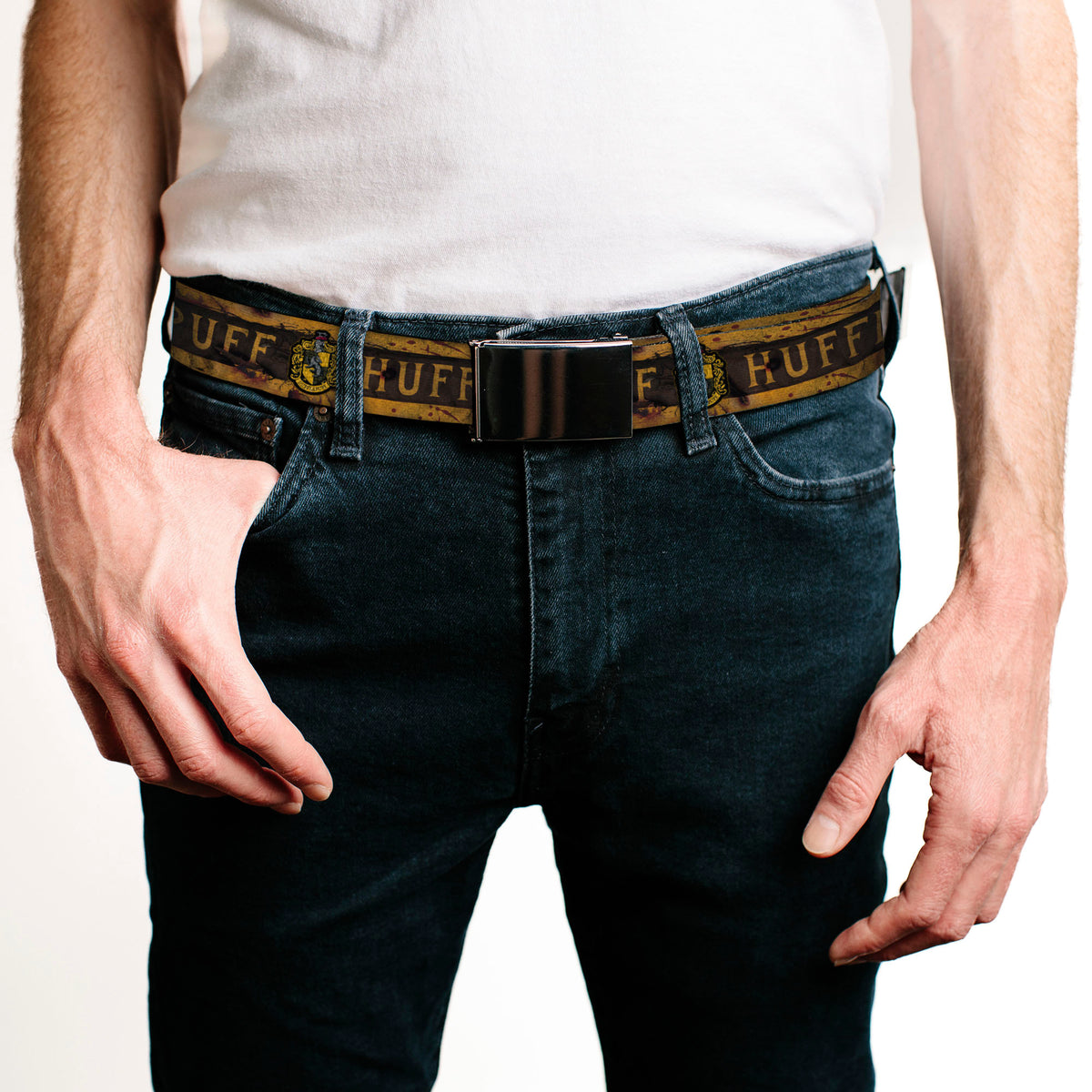 Black Buckle Web Belt - HUFFLEPUFF Crest/Banner Weathered Tan/Brown Webbing Web Belts Harry Potter