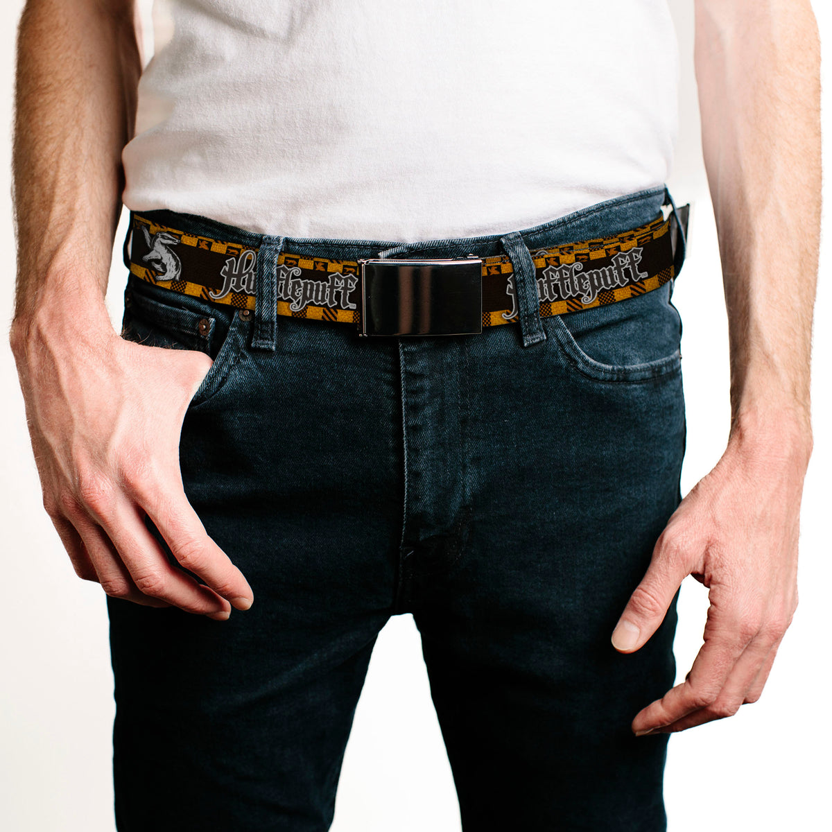 Black Buckle Web Belt - Harry Potter HUFFLEPUFF/Badger Checker Stripe Grays/Golds/Black/White Webbing Web Belts Harry Potter