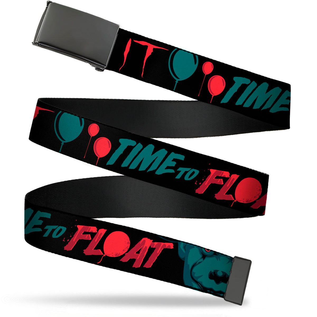 Web Belt Blank Black Buckle - IT Pennywise Face and Balloons TIME TO FLOAT Black/Blues/Reds Webbing Web Belts IT