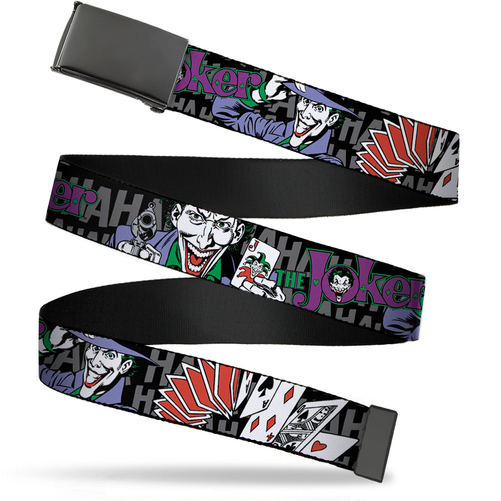 Web Belt Blank Black Buckle - The Joker Pose/Cards/HAHAHAHA Black/Gray Webbing Web Belts DC Comics
