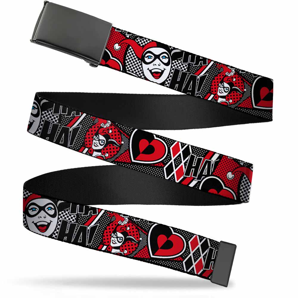 Black Buckle Web Belt - Harley Quinn Poses/HAHAHA!/Diamonds/Hearts Halftone White/Black/Red Webbing Web Belts DC Comics