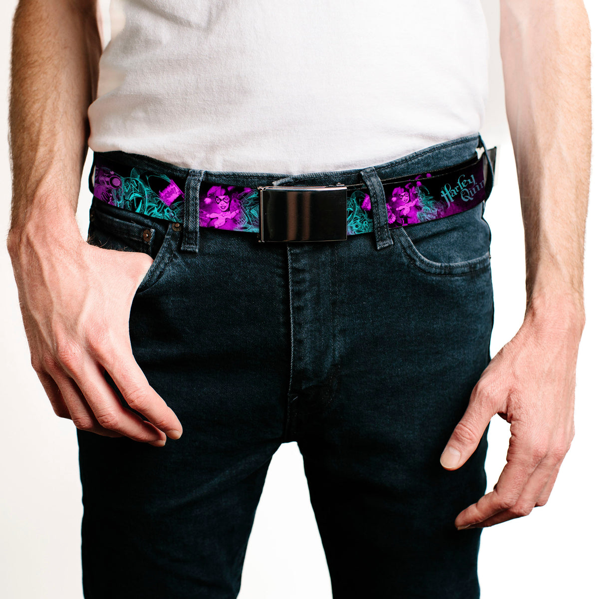 Web Belt Blank Black Buckle - HARLEY QUINN Pow & Aiming Poses/Joker Sketch Black/Turquoise/Fuchsia Webbing Web Belts DC Comics