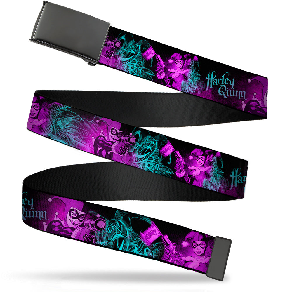 Web Belt Blank Black Buckle - HARLEY QUINN Pow & Aiming Poses/Joker Sketch Black/Turquoise/Fuchsia Webbing Web Belts DC Comics