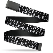 Black Buckle Web Belt - Joker's Laugh HAHAHA Repeat White/Black Webbing Web Belts DC Comics
