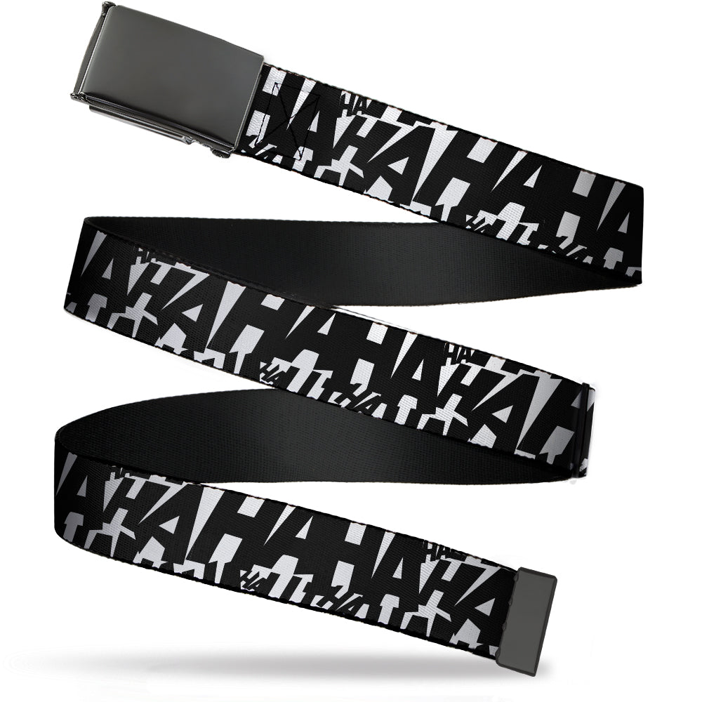Black Buckle Web Belt - Joker's Laugh HAHAHA Repeat White/Black Webbing Web Belts DC Comics