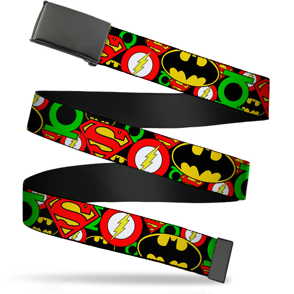 Web Belt Blank Black Buckle - Justice League Stacked Logos Webbing Web Belts DC Comics
