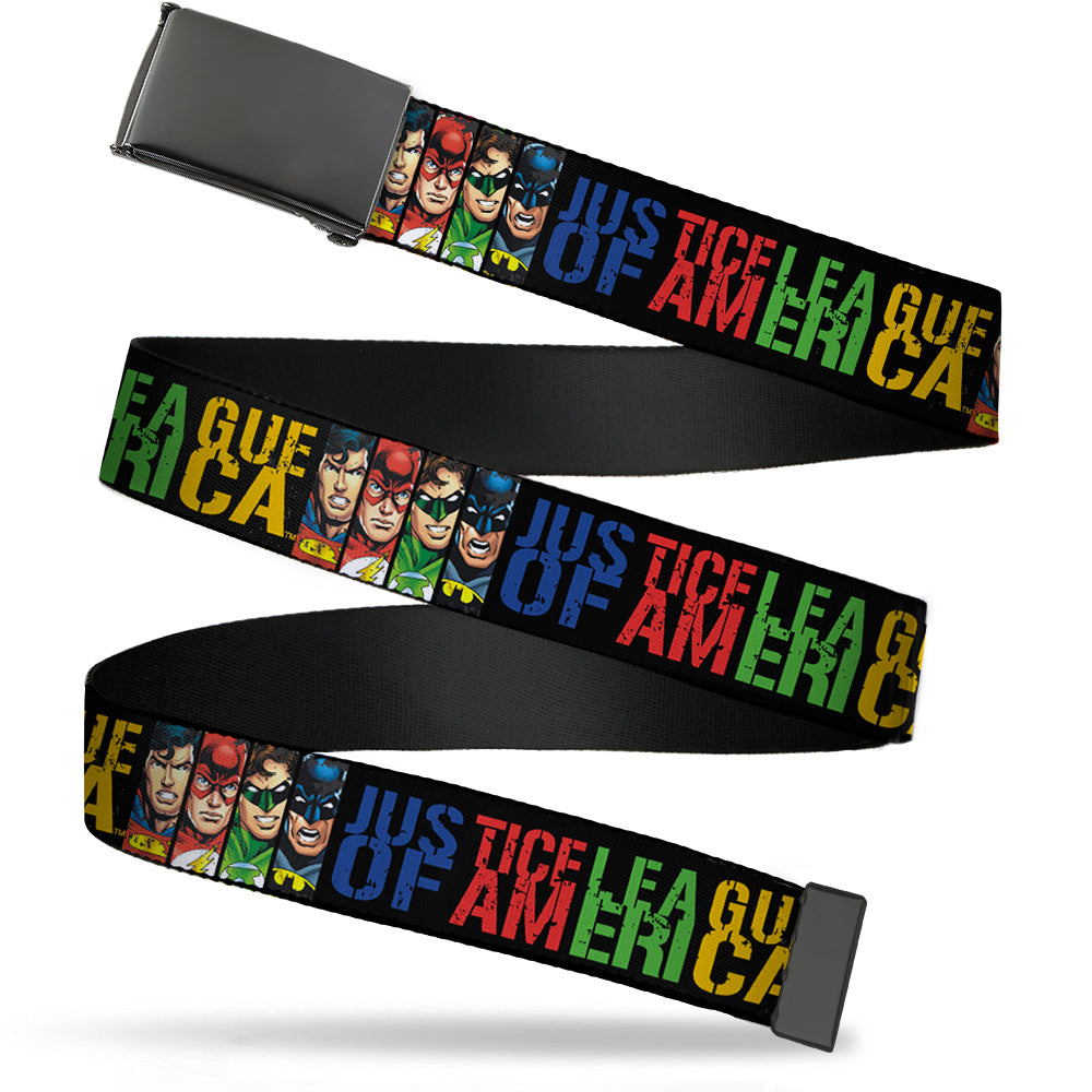 Web Belt Blank Black Buckle - JUSTICE LEAGUE OF AMERICA w/Superhero Blocks Black/Multi Color Webbing Web Belts DC Comics