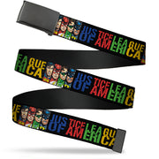 Web Belt Blank Black Buckle - JUSTICE LEAGUE OF AMERICA w/Superhero Blocks Black/Multi Color Webbing Web Belts DC Comics
