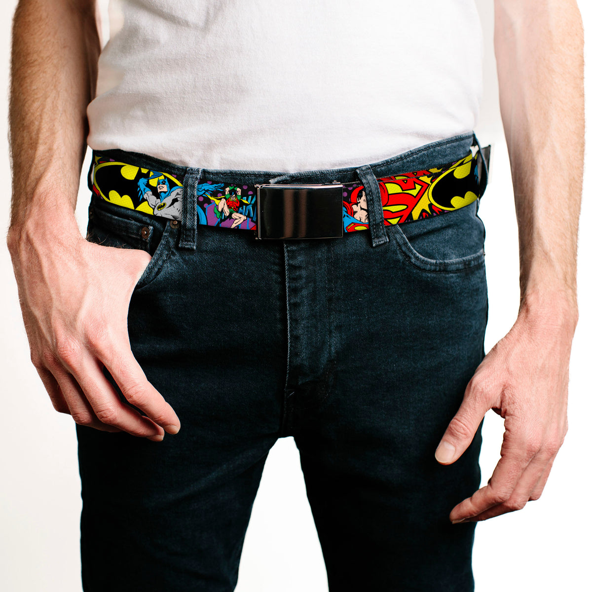 Black Buckle Web Belt - Batman/Robin/Superman Pose/Logo Dot Black/Purple Webbing Web Belts DC Comics