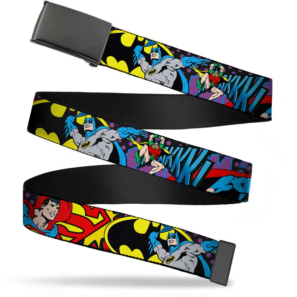Black Buckle Web Belt - Batman/Robin/Superman Pose/Logo Dot Black/Purple Webbing Web Belts DC Comics