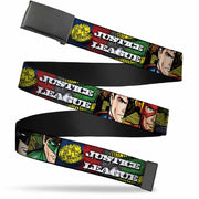 Web Belt Blank Black Buckle - JUSTICE LEAGUE Logo/4-Superhero Panels Pop Art Webbing Web Belts DC Comics