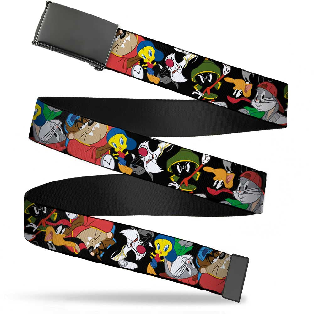 Black Buckle Web Belt - Looney Tunes 6-Hip Hop Character Poses Scattered Black Webbing Web Belts Looney Tunes