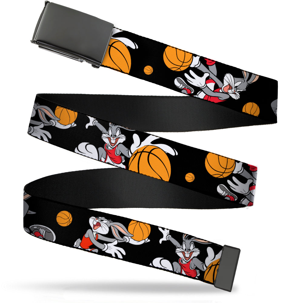 Web Belt Blank Black Buckle - Bugs Bunny 4-Basketball Poses Black Webbing Web Belts Looney Tunes