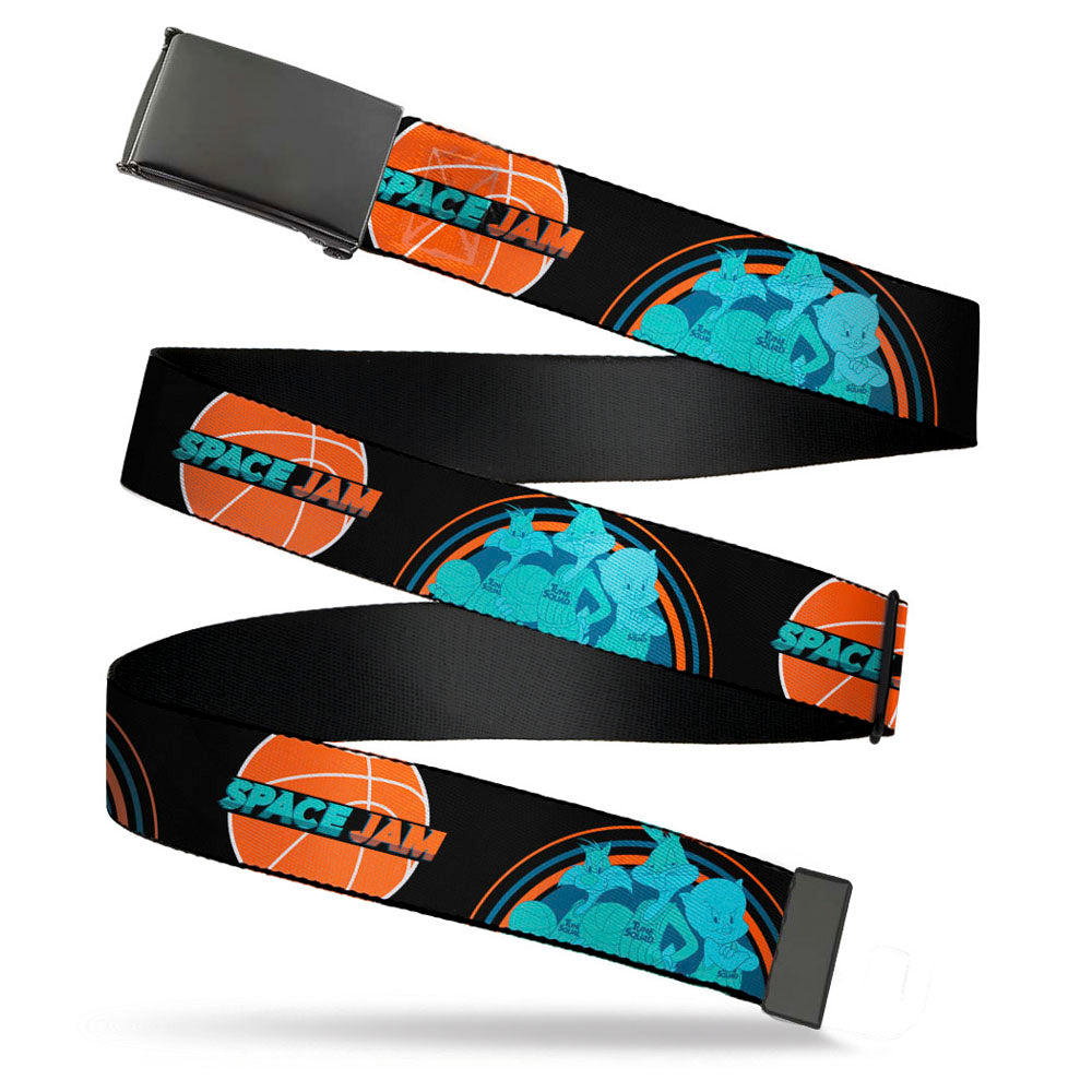 Black Buckle Web Belt - SPACE JAM 2 Basketball Logo and Tune Squad 3-Character Group Pose Black/Blues/Orange Webbing Web Belts Looney Tunes