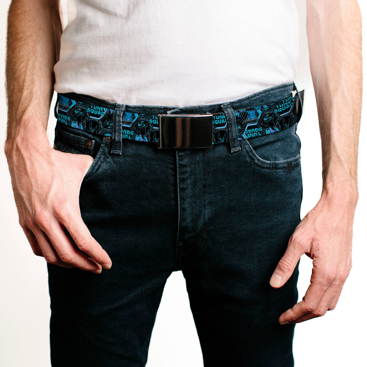 Black Buckle Web Belt - Space Jam 2 TUNE SQUAD Character Face Icons Black/Grays/Blues Webbing Web Belts Looney Tunes