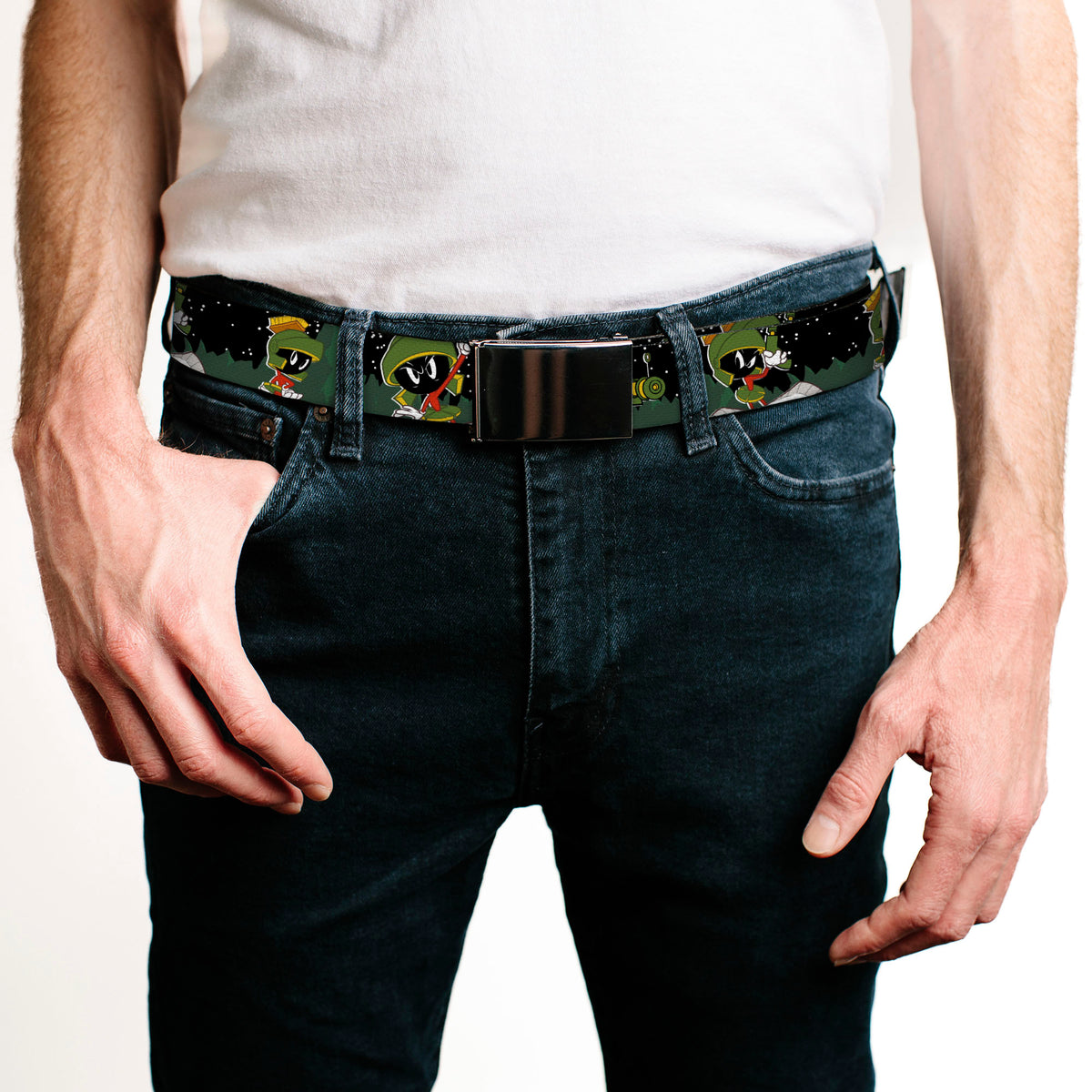 Black Buckle Web Belt - Marvin the Martian 4-Poses Mars Landscape Black/White/Greens Webbing Web Belts Looney Tunes