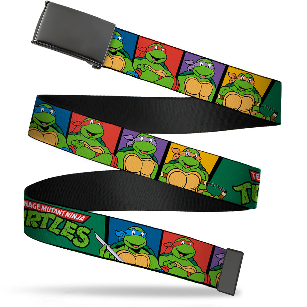 Black Buckle Web Belt - Classic TEENAGE MUTANT NINJA TURTLES Group Pose3/TMNT Logo Green/Multi Color Webbing Web Belts Teenage Mutant Ninja Turtles