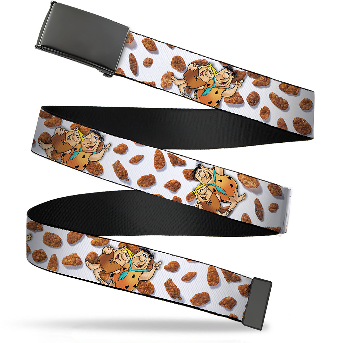 Web Belt Blank Black Buckle - Cocoa Pebbles Fred Flintstone and Barney Rubble Hugging Pose and Cereal Pebbles Scattered White/Browns Webbing Web Belts The Flintstones