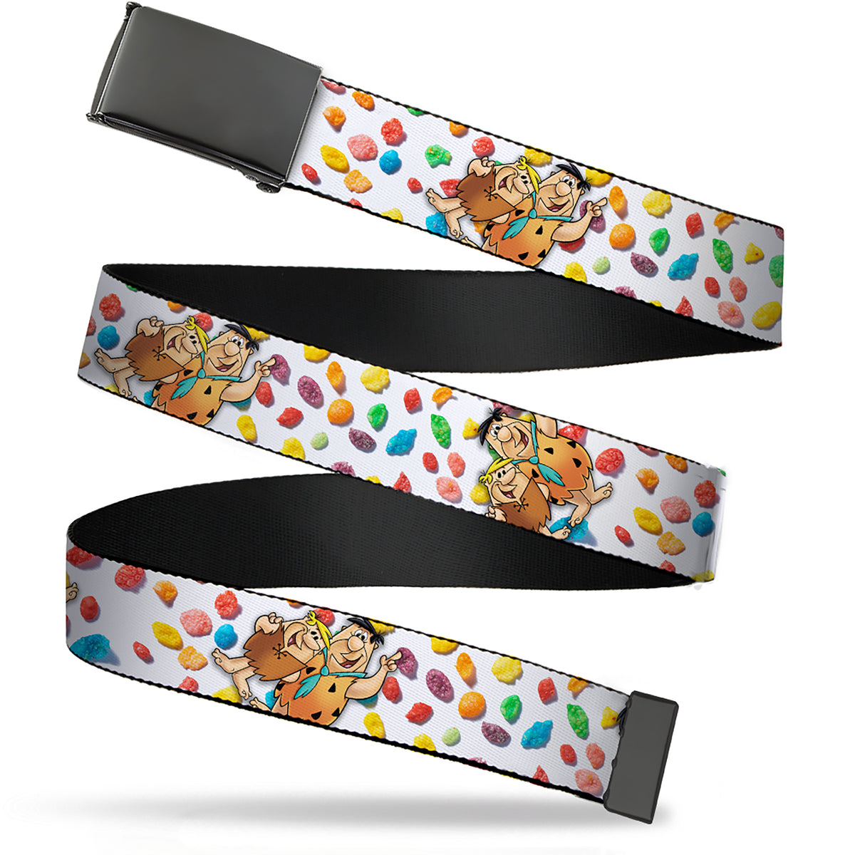 Web Belt Blank Black Buckle - Fruity Pebbles Fred Flintstone and Barney Rubble Hugging Pose and Cereal Pebbles Scattered White/Multi Color Webbing Web Belts The Flintstones