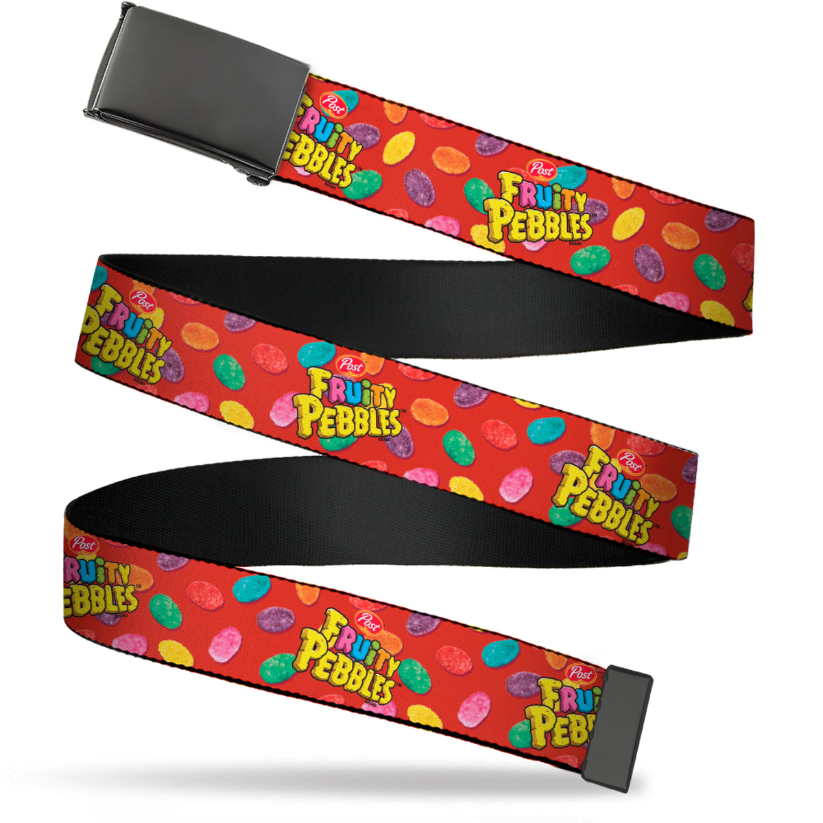 Web Belt Blank Black Buckle - POST FRUITY PEBBLES Logo and Cereal Pebbles Scattered Red/Multi Color Webbing Web Belts The Flintstones