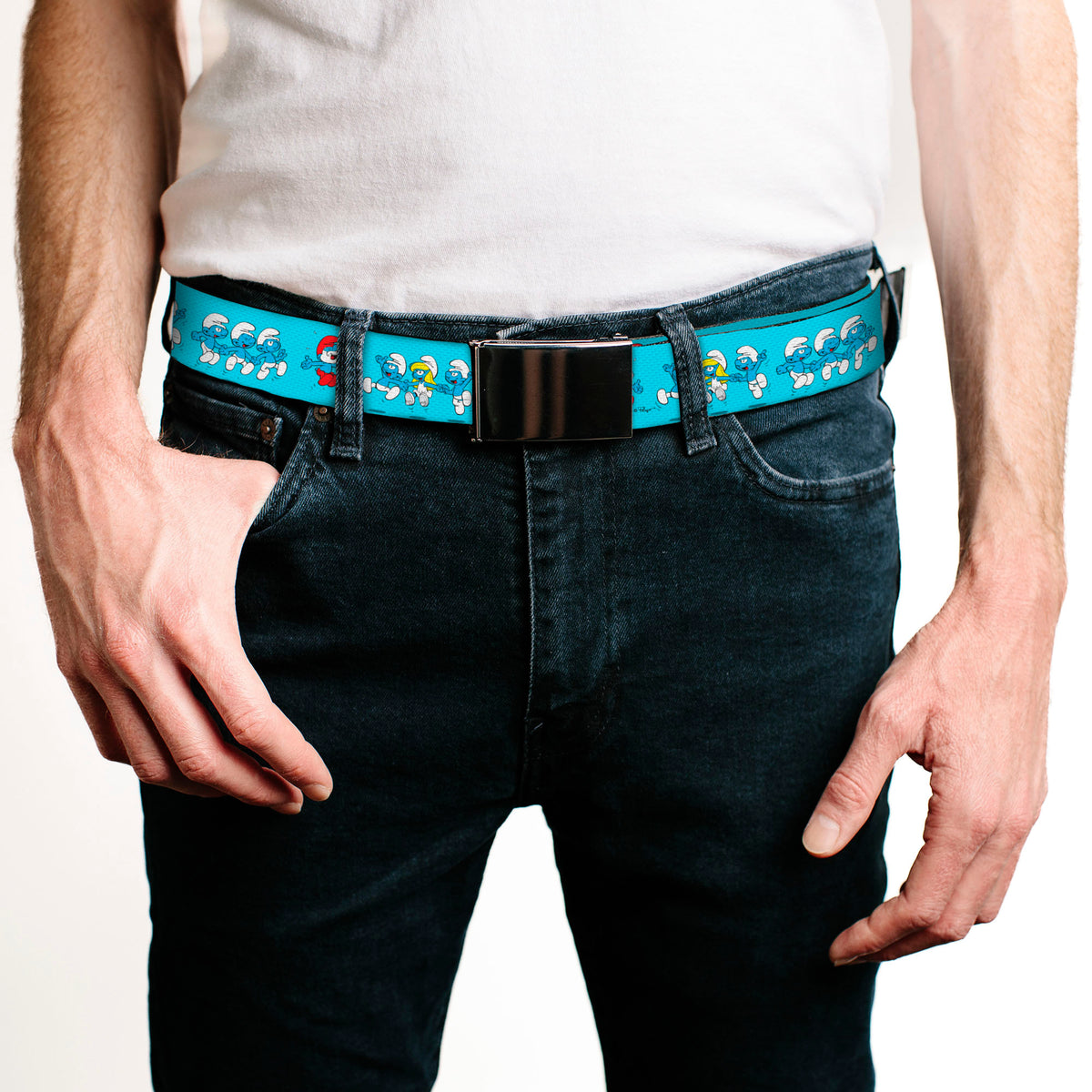 Web Belt Blank Black Buckle - The Smurfs Seven Character Group Holding Hands Jumping Blue Webbing Web Belts The Smurfs