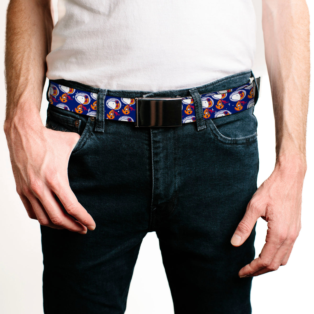 Astronaut Snoopy Walking Web Belt – Peanuts Black Buckle Blue/Orange Web Belts Peanuts