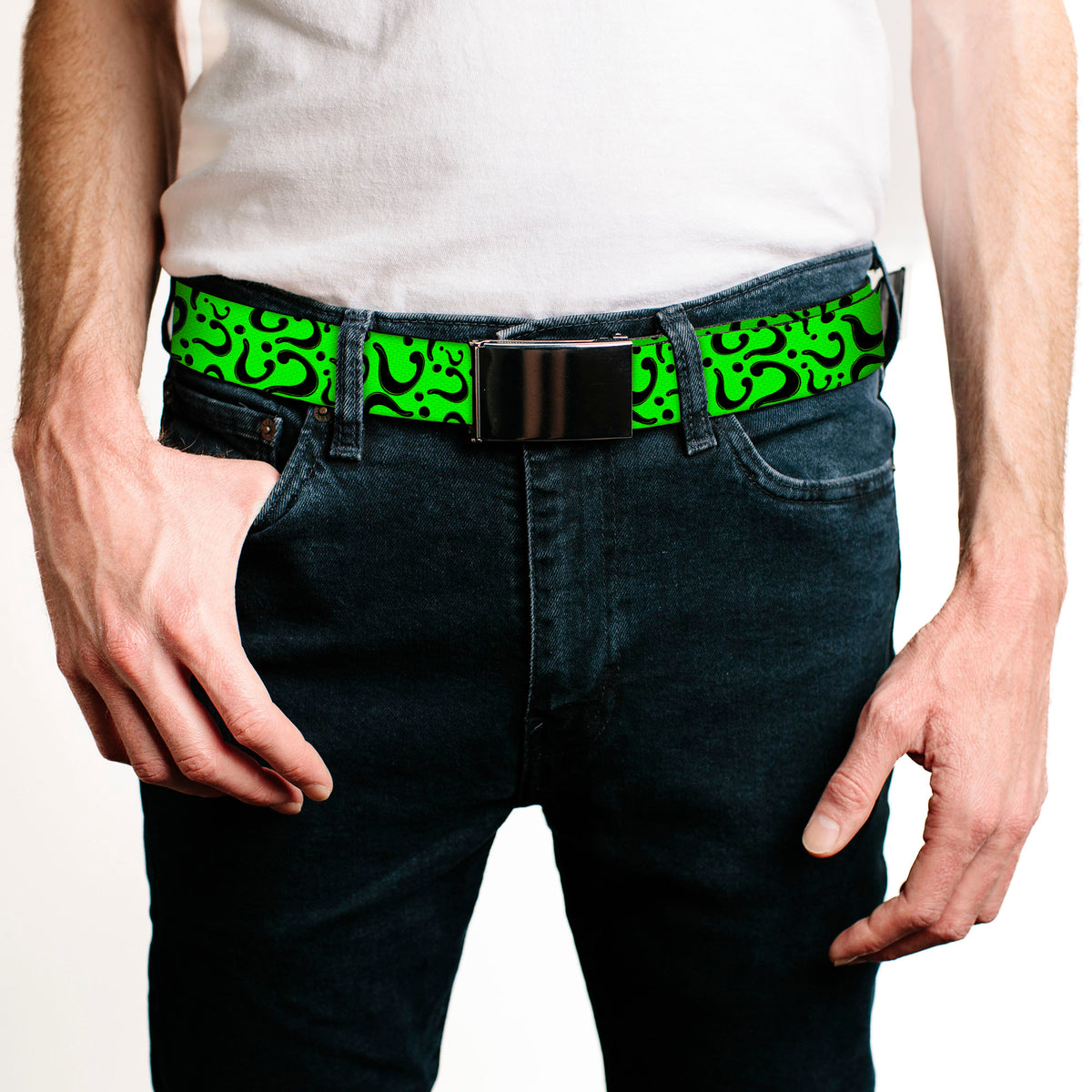 Web Belt Blank Black Buckle - Question Mark Scattered Lime Green/Black Webbing Web Belts DC Comics