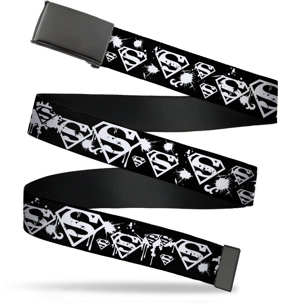Black Buckle Web Belt - Superman Shield Splatter Black/White Webbing Web Belts DC Comics