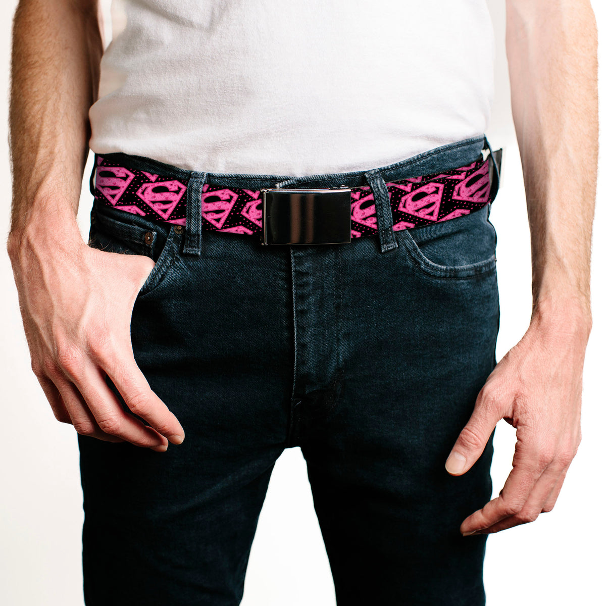 Web Belt Blank Black Buckle - Diagonal Superman Logo w/Hearts Black/Pink Webbing Web Belts DC Comics