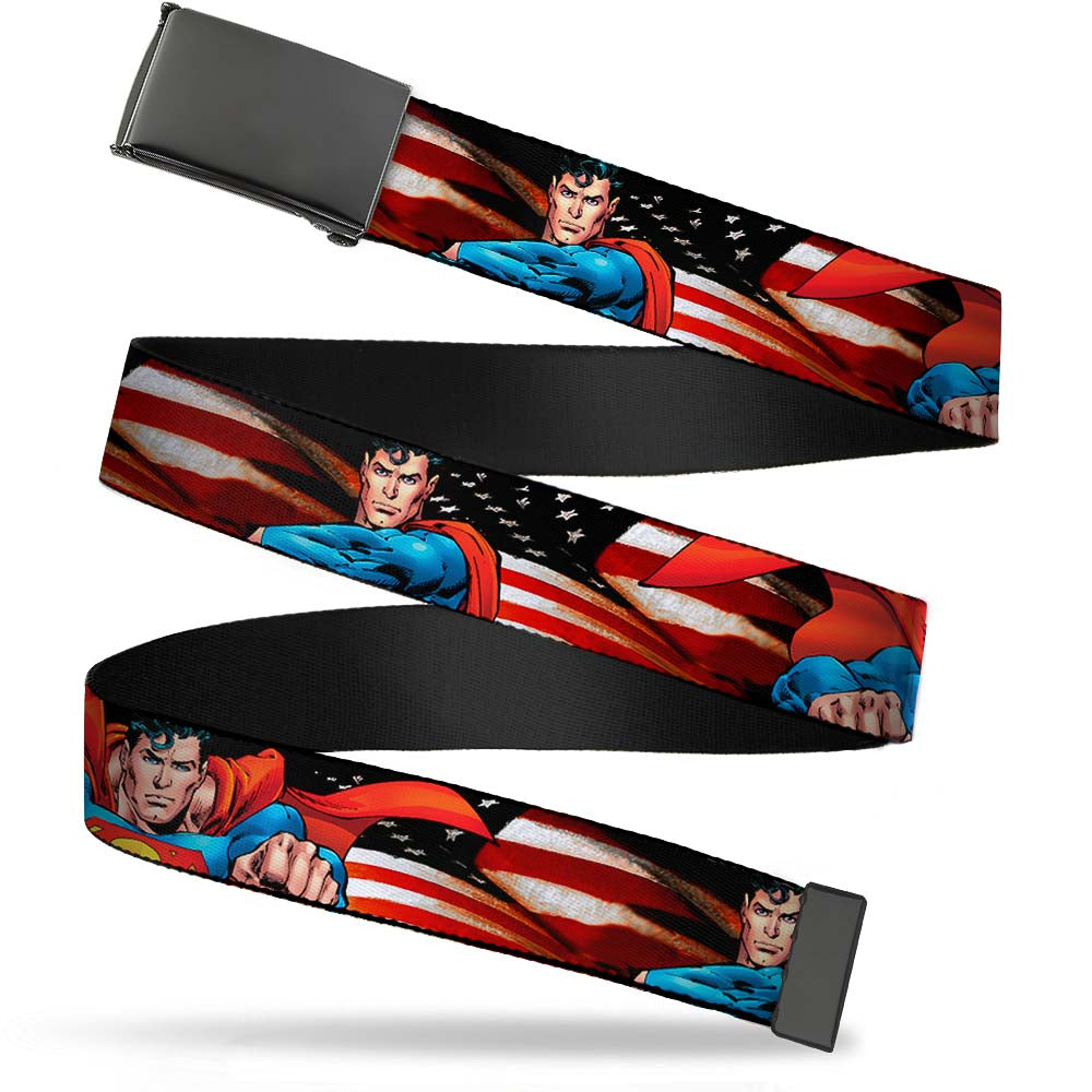 Black Buckle Web Belt - Superman Poses/American Flag Webbing Web Belts DC Comics