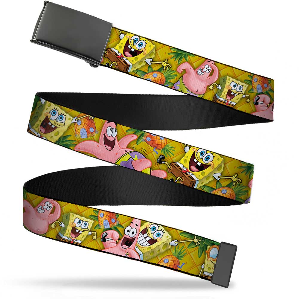 Black Buckle Web Belt - SpongeBob & Patrick Starfish Poses Pineapple Gold Webbing Web Belts SpongeBob SquarePants