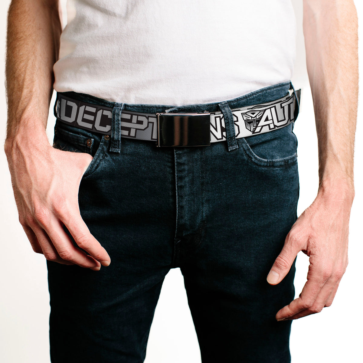 Web Belt Blank Black Buckle - Transformers AUTOBOTS DECEPTICONS Shield and Text Grays/Black/White Webbing Web Belts Hasbro