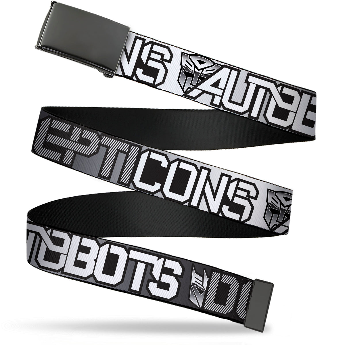 Web Belt Blank Black Buckle - Transformers AUTOBOTS DECEPTICONS Shield and Text Grays/Black/White Webbing Web Belts Hasbro