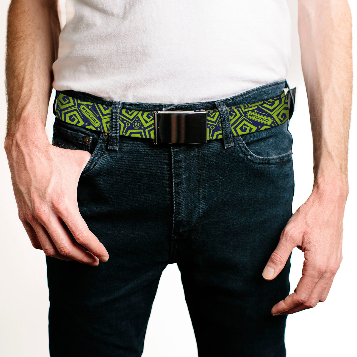 Web Belt Blank Black Buckle - Beetlejuice Title and Icons Collage Blue/Green Webbing Web Belts Beetlejuice