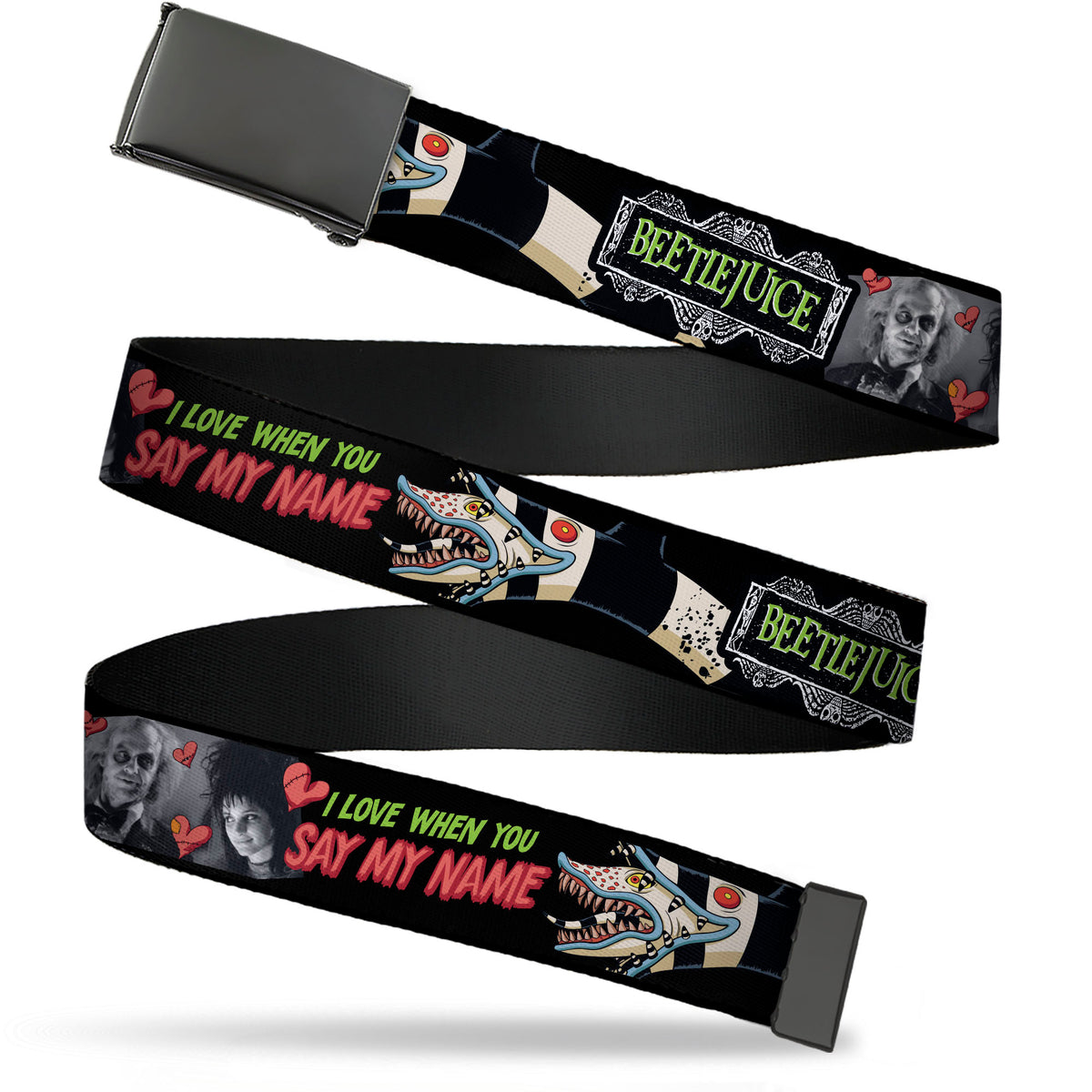 Web Belt Blank Black Buckle - BEETLEJUICE I LOVE WHEN YOU SAY MY NAME Poses and Sandworm Black Webbing Web Belts Beetlejuice