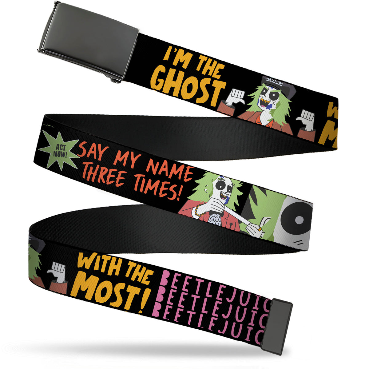 Web Belt Blank Black Buckle - BEETLEJUICE Cartoon Quotes and Scene Black/Multi Color Webbing Web Belts Beetlejuice